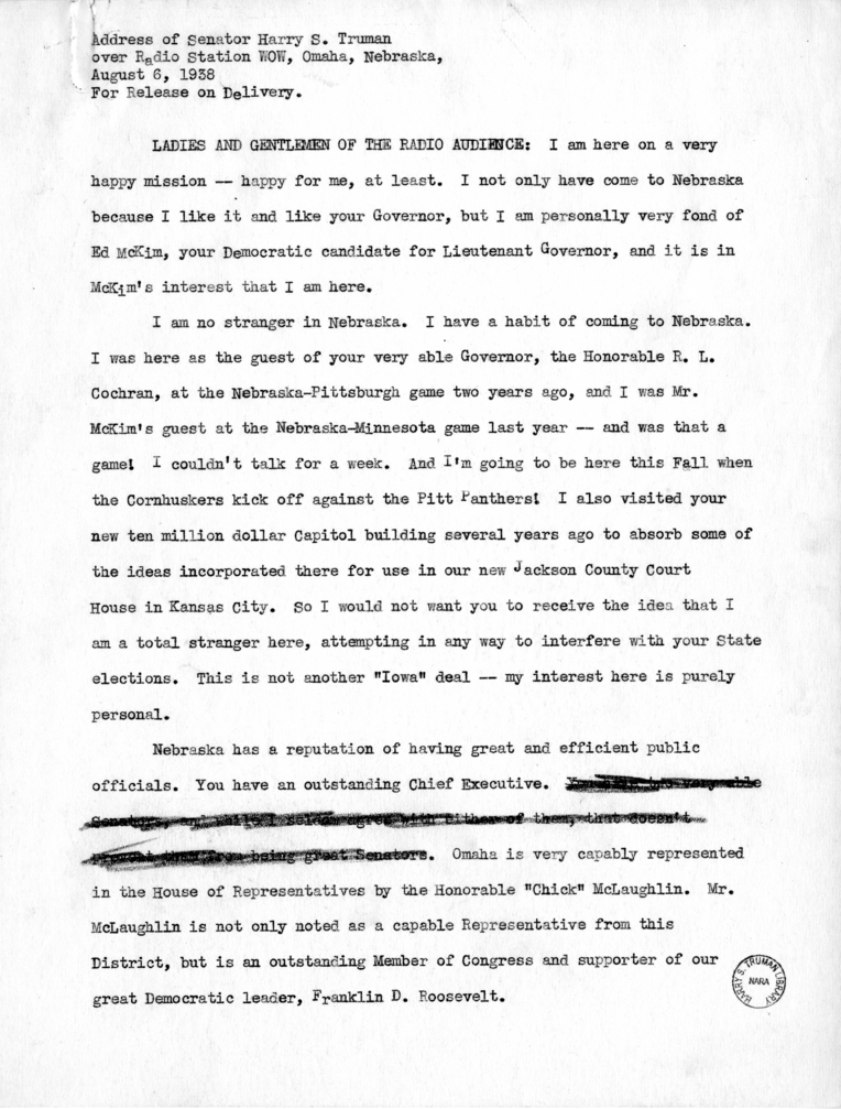 Draft Speech of Senator Harry S. Truman at Omaha, Nebraska