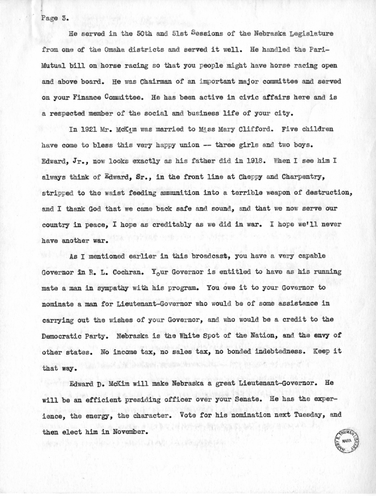 Draft Speech of Senator Harry S. Truman at Omaha, Nebraska