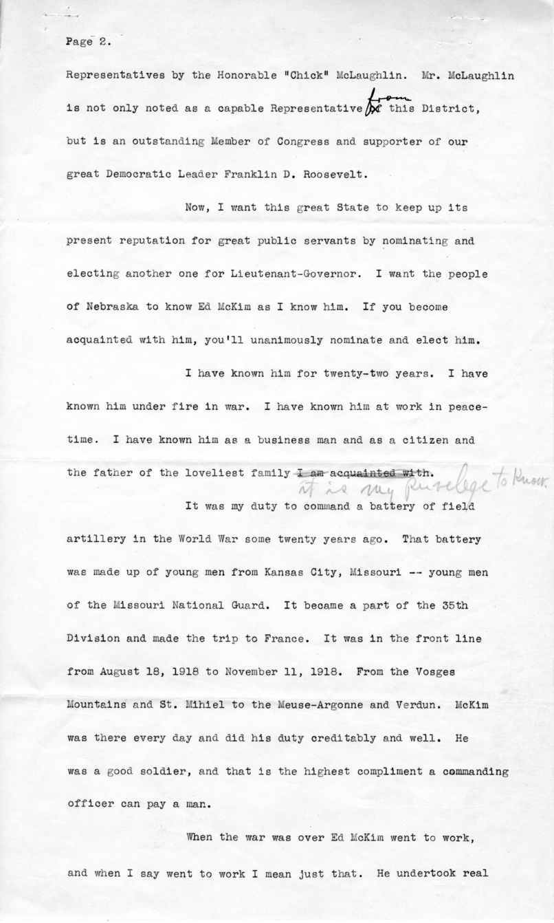 Draft Speech of Senator Harry S. Truman Delivered at Omaha, Nebraska