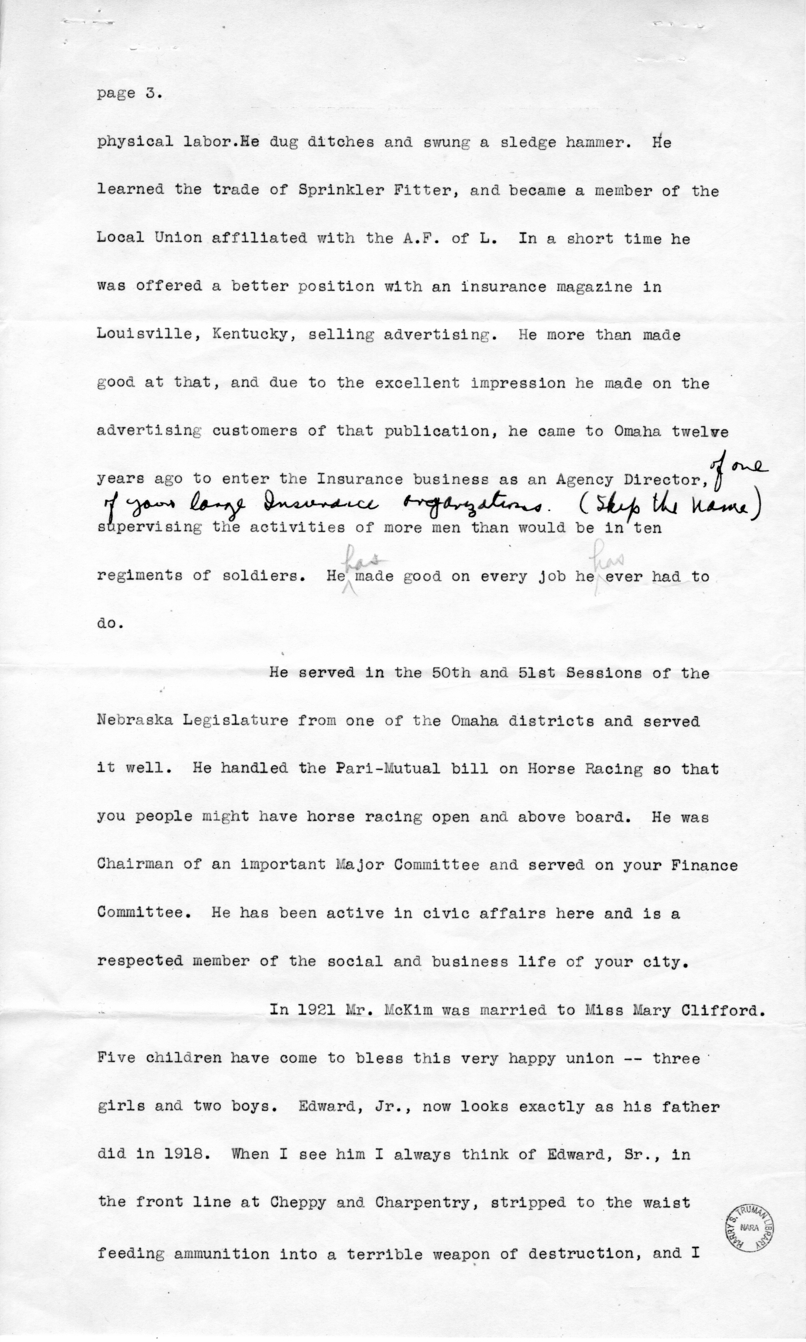 Draft Speech of Senator Harry S. Truman Delivered at Omaha, Nebraska