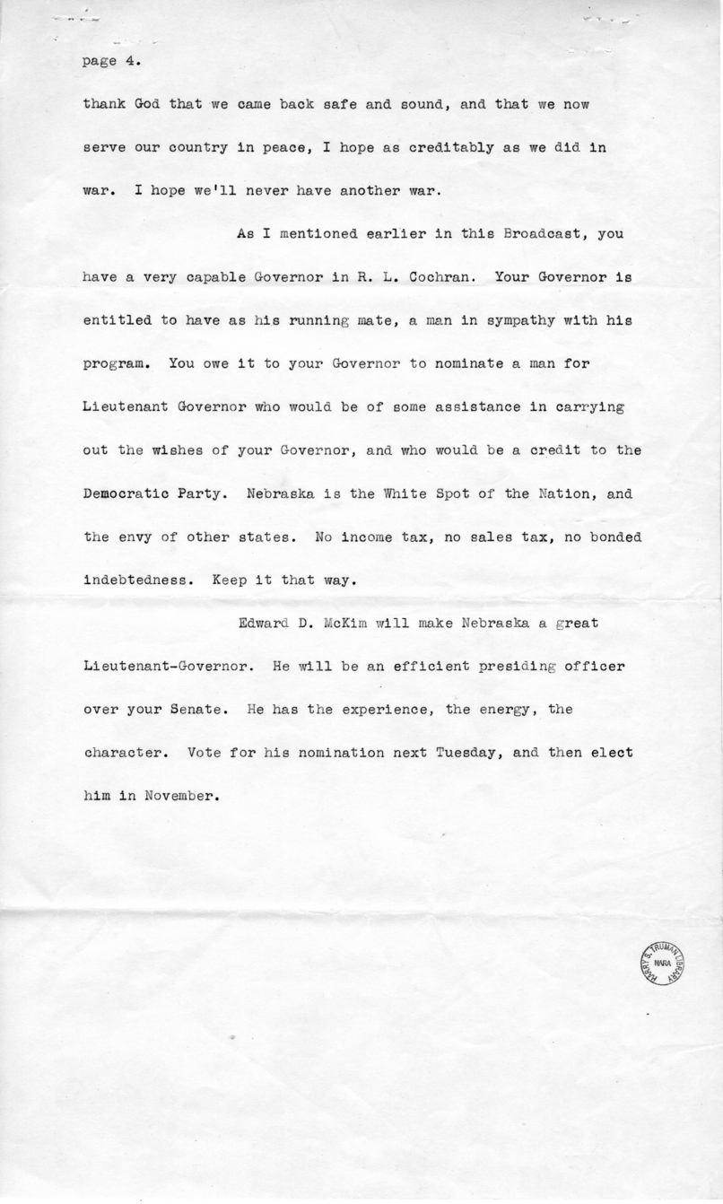 Draft Speech of Senator Harry S. Truman Delivered at Omaha, Nebraska