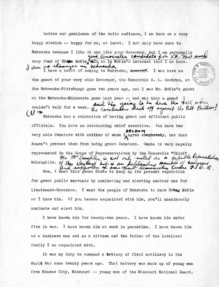 Draft Speech of Senator Harry S. Truman Delivered at Omaha, Nebraska