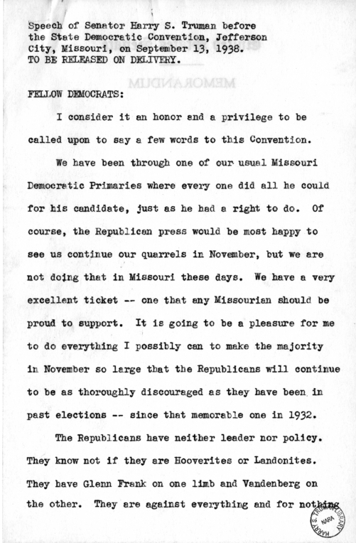 Speech of Senator Harry S. Truman Before the State Democratic Convention at Jefferson City, Missouri