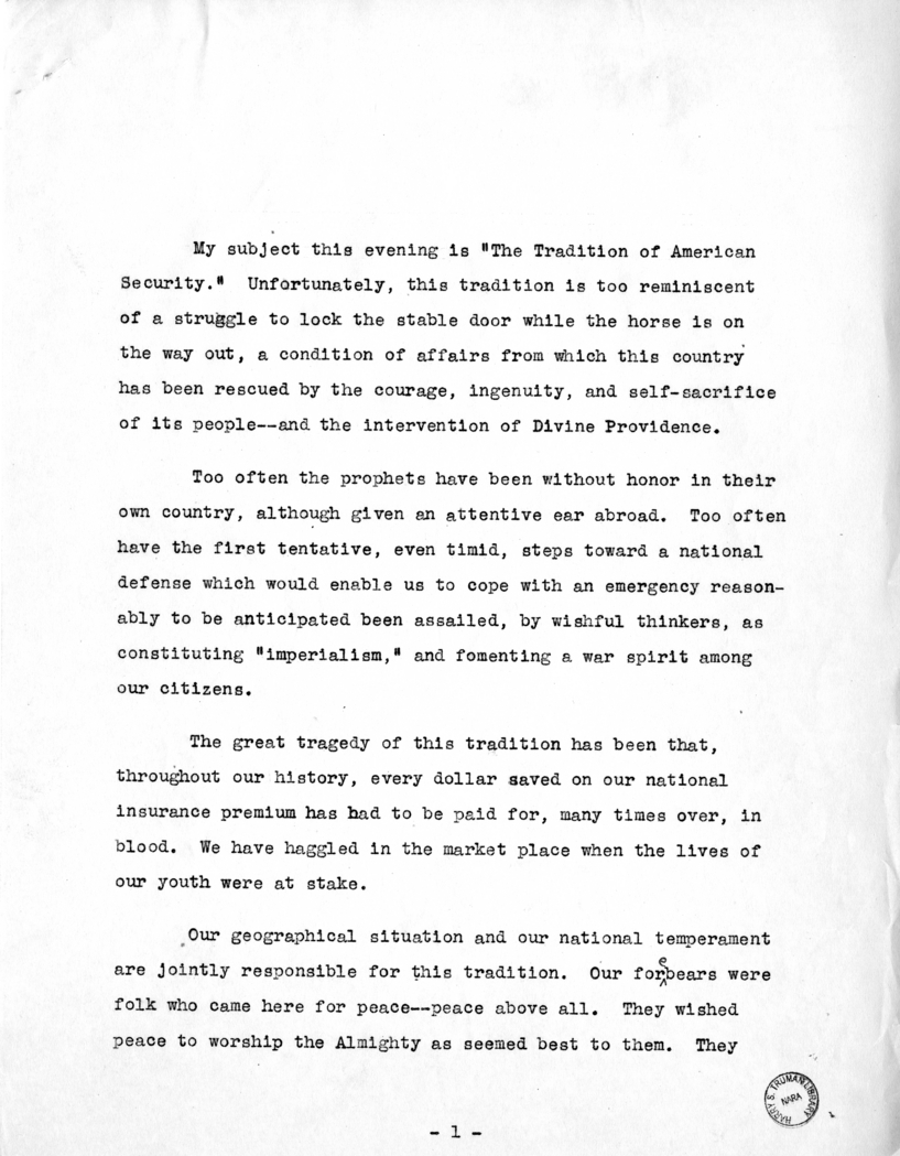 Draft of Speech of Senator Harry S. Truman to the National Aviation Forum