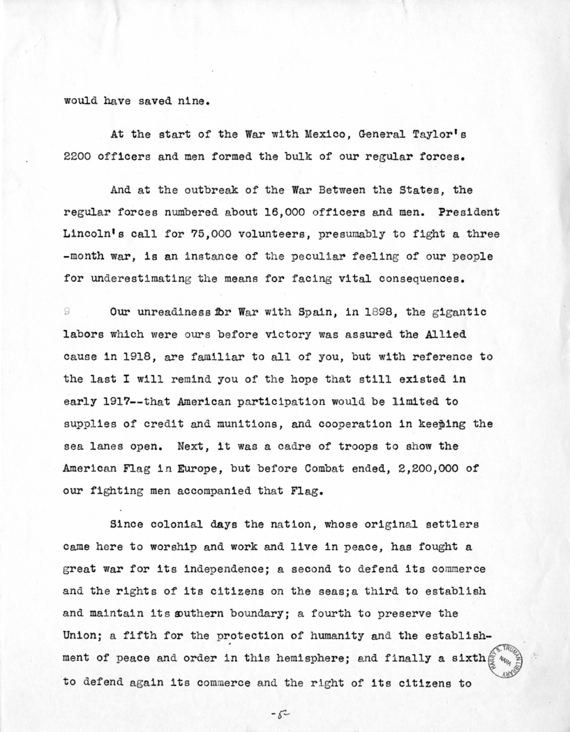 Draft of Speech of Senator Harry S. Truman to the National Aviation Forum