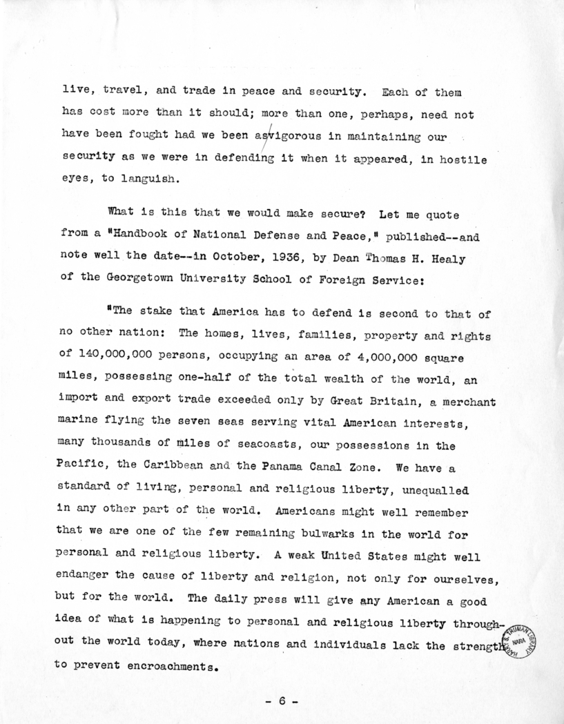 Draft of Speech of Senator Harry S. Truman to the National Aviation Forum