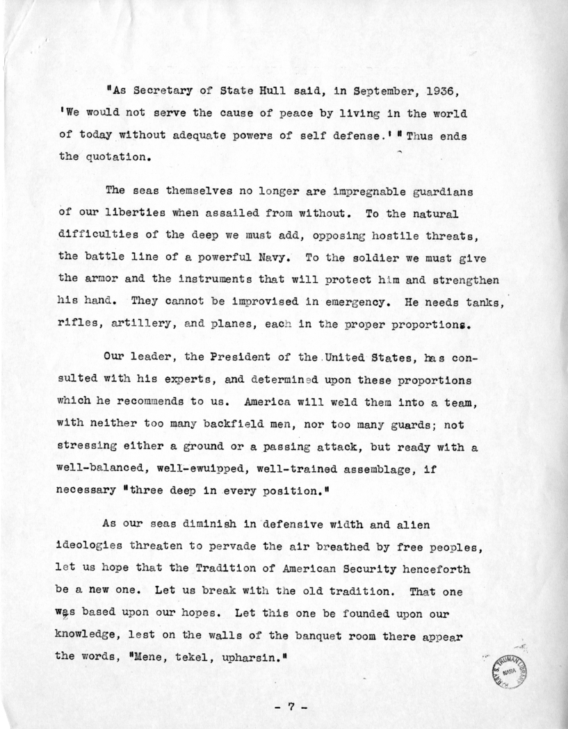 Draft of Speech of Senator Harry S. Truman to the National Aviation Forum