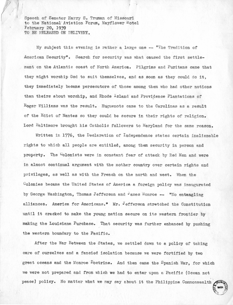 Speech of Senator Harry S. Truman to the National Aviation Forum