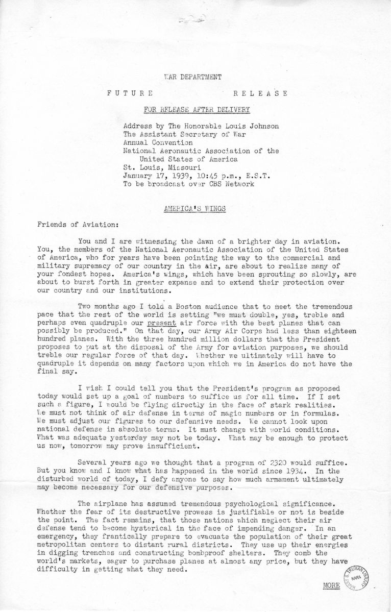 Address by Assistant Secretary of War Louis Johnson Before the Annual Convention, National Aeronautic Association of the United States of America, at St. Louis, Missouri