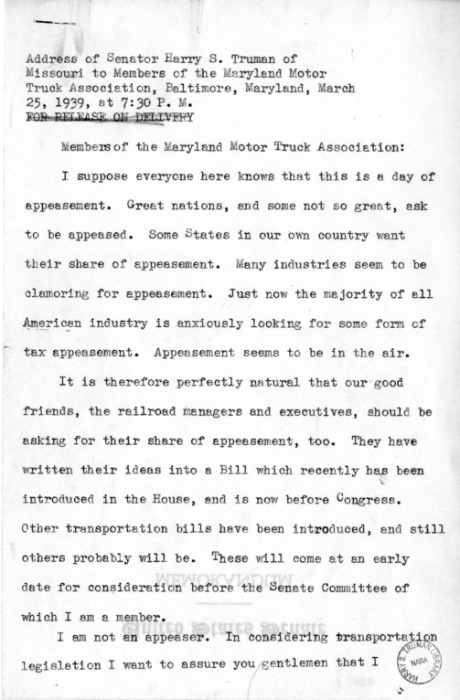 Speech of Senator Harry S. Truman to Members of the Maryland Motor Truck Association at Baltimore, Maryland