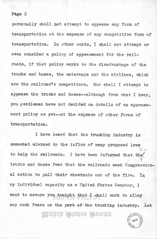 Speech of Senator Harry S. Truman to Members of the Maryland Motor Truck Association at Baltimore, Maryland