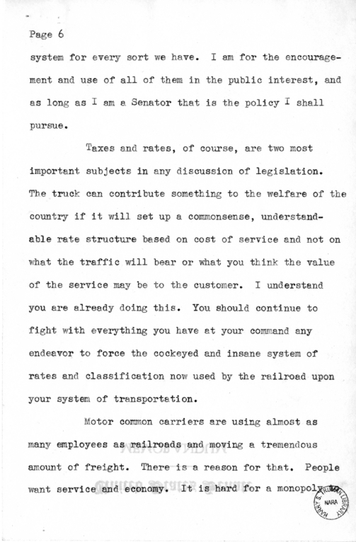 Speech of Senator Harry S. Truman to Members of the Maryland Motor Truck Association at Baltimore, Maryland