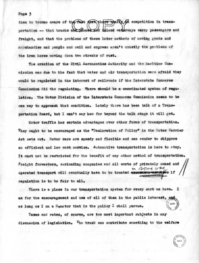 Speech of Senator Harry S. Truman to Members of the Maryland Motor Truck Association at Baltimore, Maryland