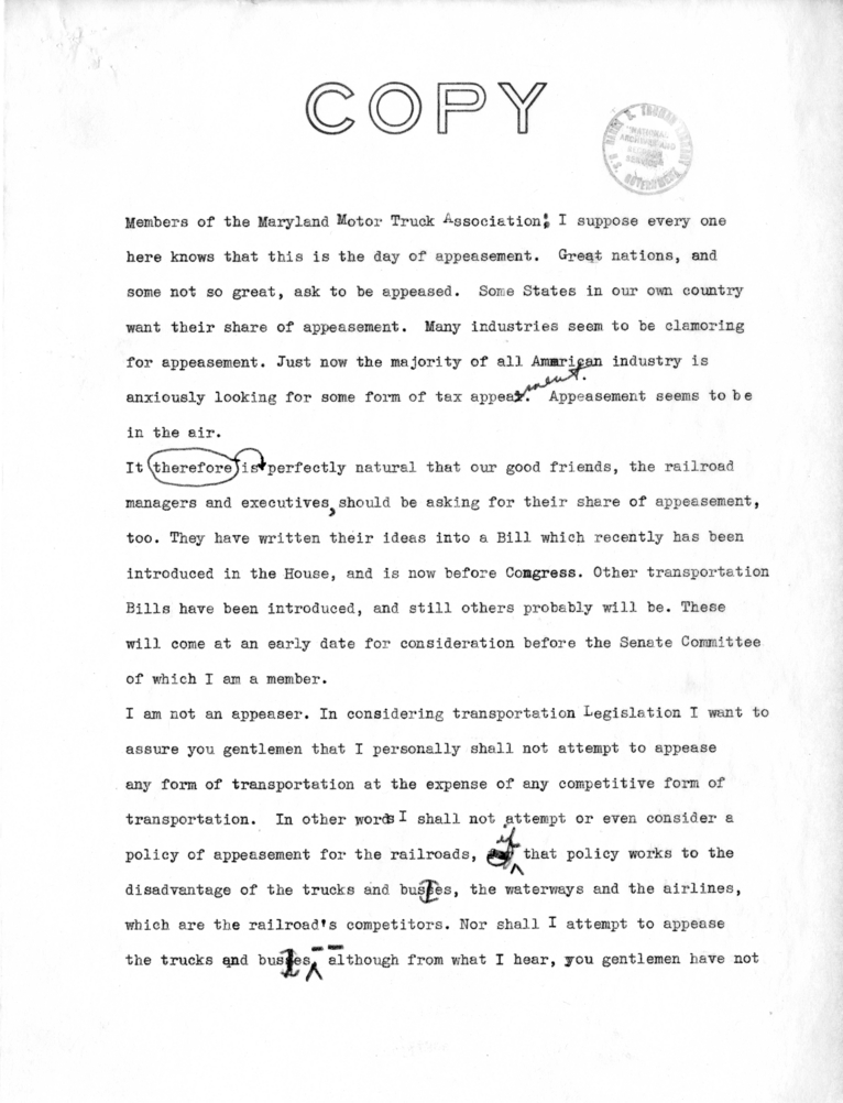 Draft Speech of Senator Harry S. Truman to Members of the Maryland Motor Truck Association at Baltimore, Maryland