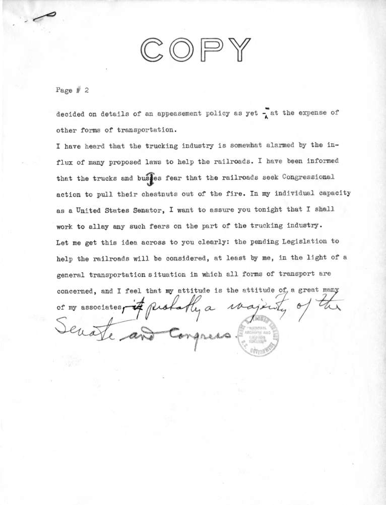 Draft Speech of Senator Harry S. Truman to Members of the Maryland Motor Truck Association at Baltimore, Maryland