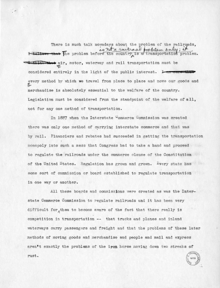 Draft Speech of Senator Harry S. Truman to Members of the Maryland Motor Truck Association at Baltimore, Maryland