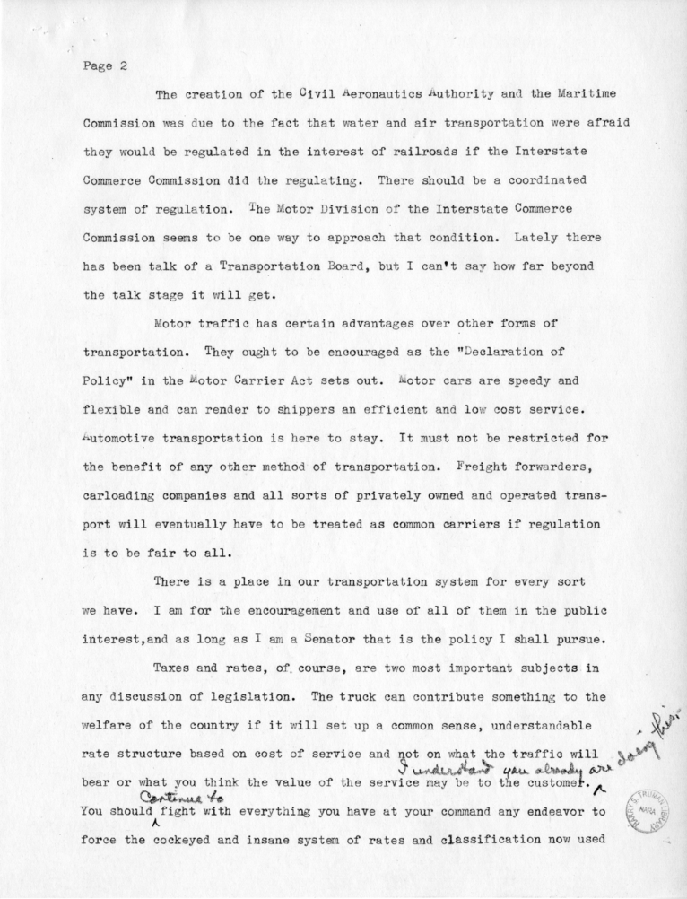 Draft Speech of Senator Harry S. Truman to Members of the Maryland Motor Truck Association at Baltimore, Maryland