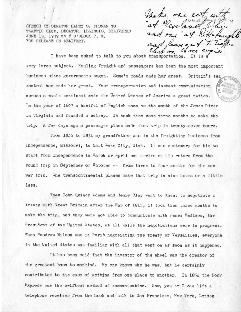 Draft of Speech by Senator Harry S. Truman at Decatur, Illinois