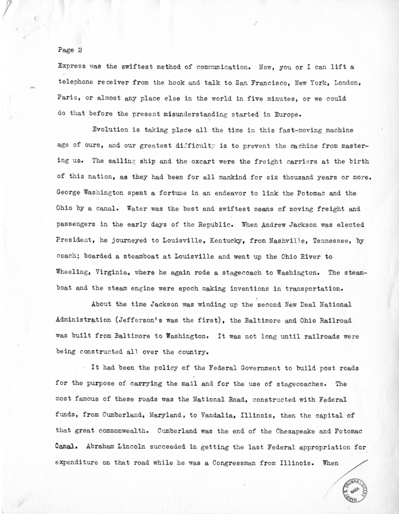 Draft of Speech of Senator Harry S. Truman Delivered at Chicago, Illinois to the American Trucking Association