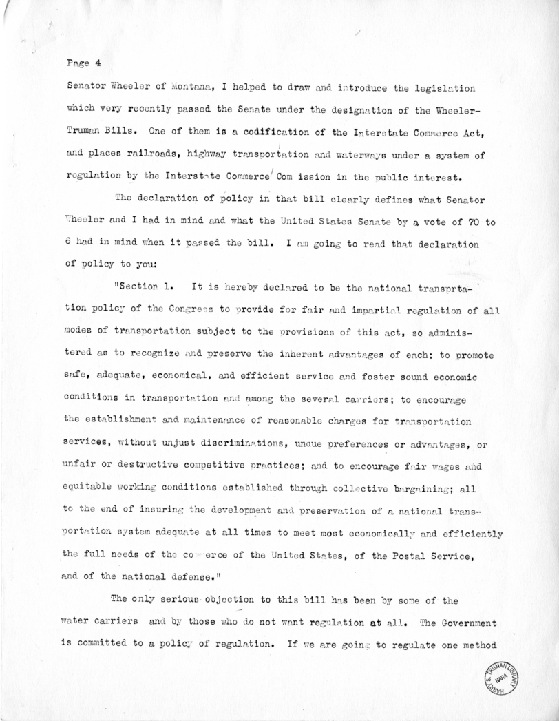 Draft of Speech of Senator Harry S. Truman Delivered at Chicago, Illinois to the American Trucking Association