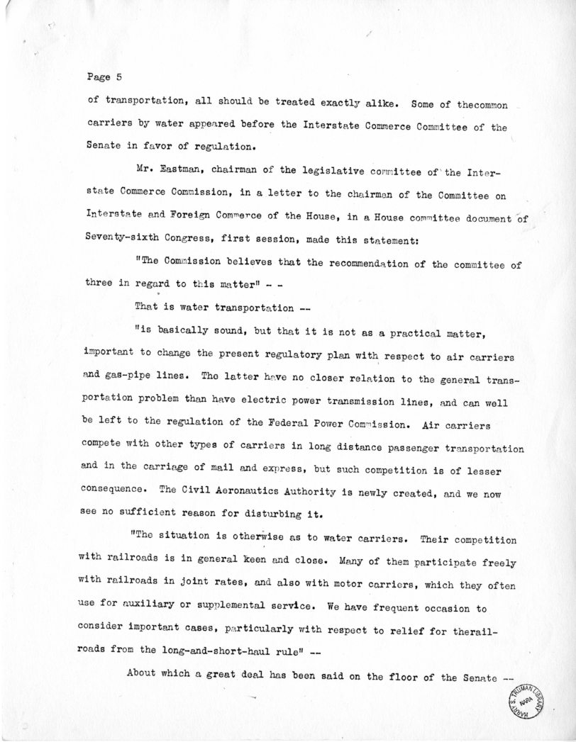 Draft of Speech of Senator Harry S. Truman Delivered at Chicago, Illinois to the American Trucking Association