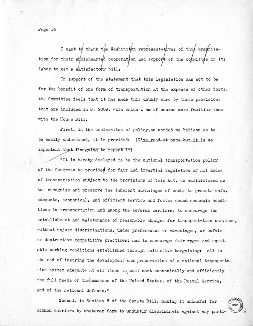 Draft of Speech of Senator Harry S. Truman Delivered at Chicago, Illinois to the American Trucking Association