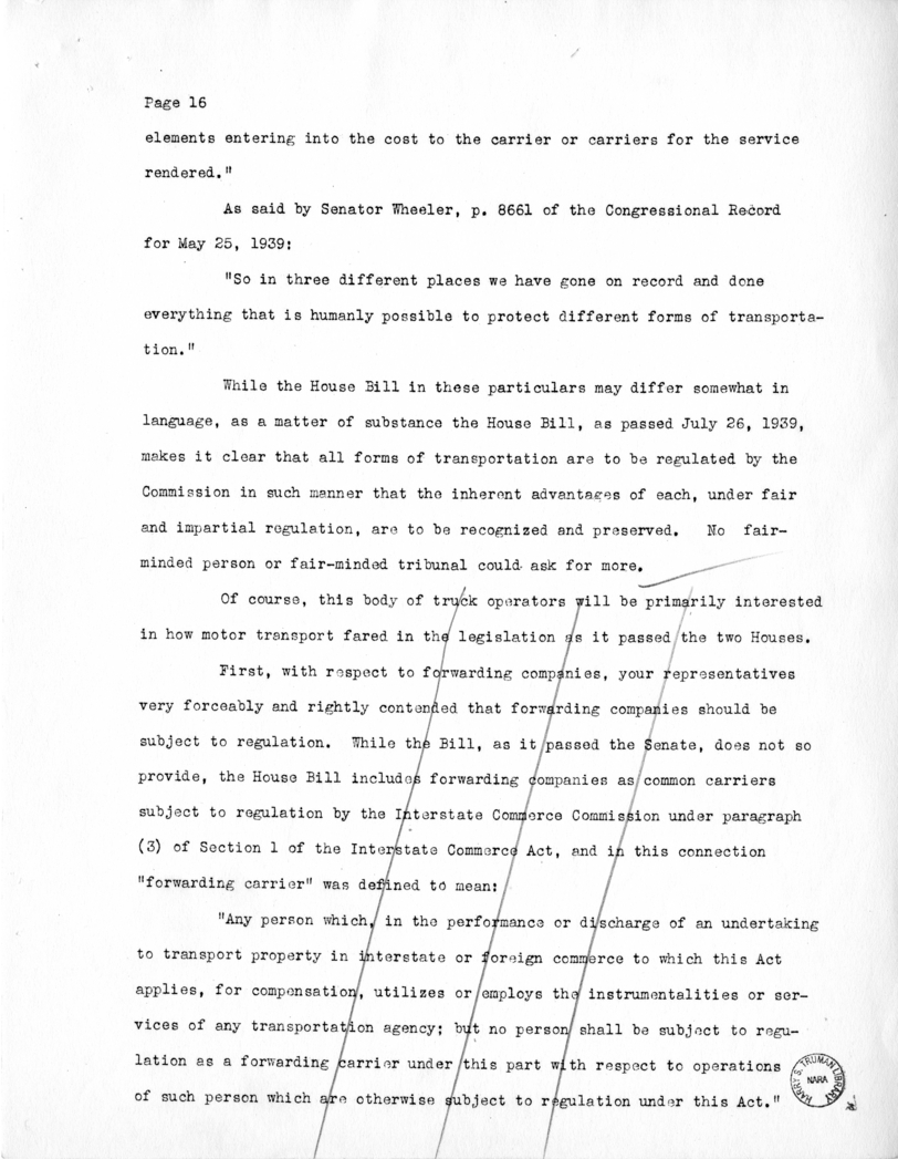 Draft of Speech of Senator Harry S. Truman Delivered at Chicago, Illinois to the American Trucking Association