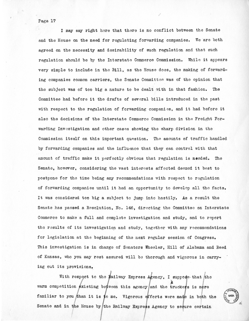 Draft of Speech of Senator Harry S. Truman Delivered at Chicago, Illinois to the American Trucking Association