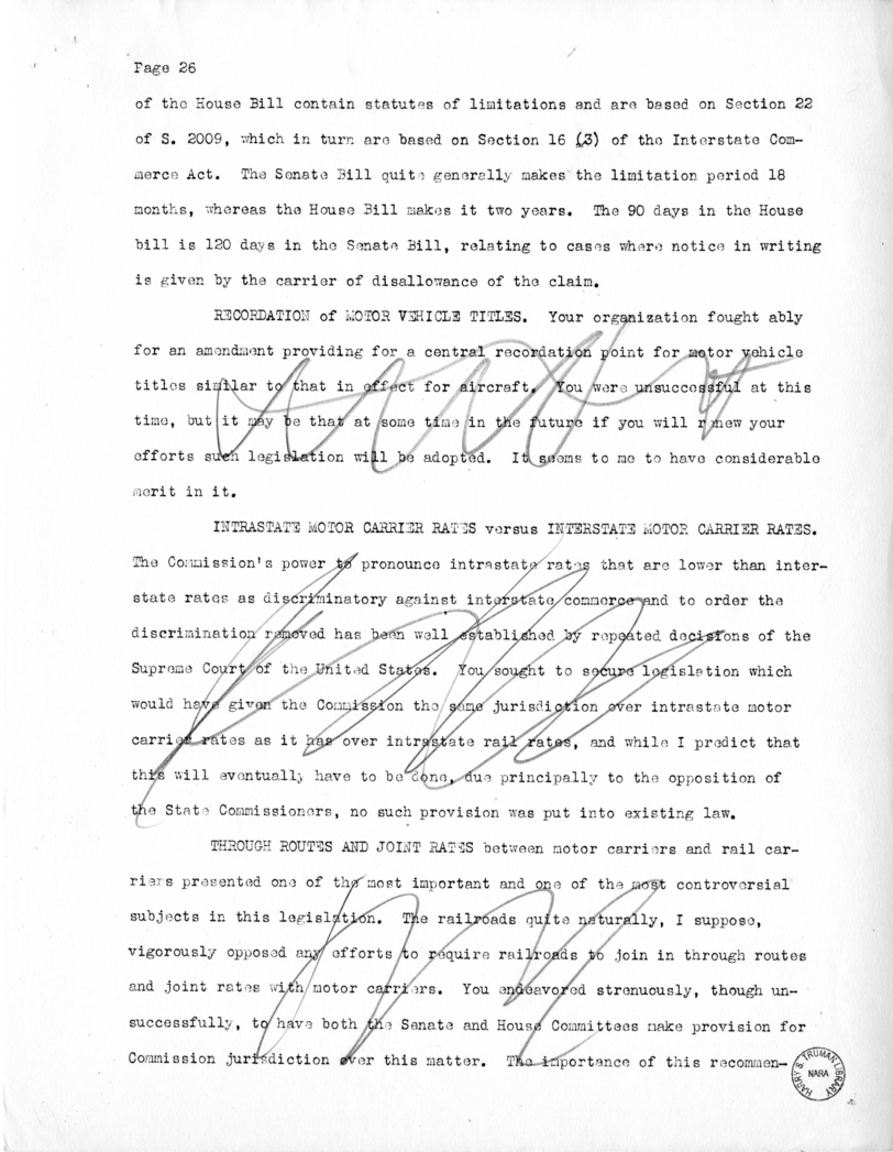 Draft of Speech of Senator Harry S. Truman Delivered at Chicago, Illinois to the American Trucking Association