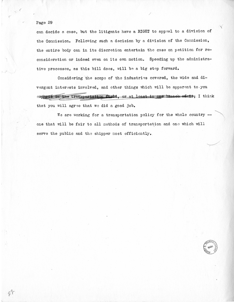 Draft of Speech of Senator Harry S. Truman Delivered at Chicago, Illinois to the American Trucking Association