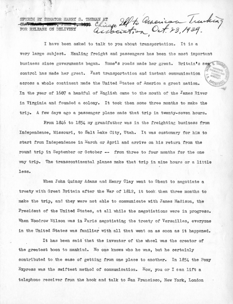 Draft Speech of Senator Harry S. Truman at Chicago, Illinois to the American Trucking Association