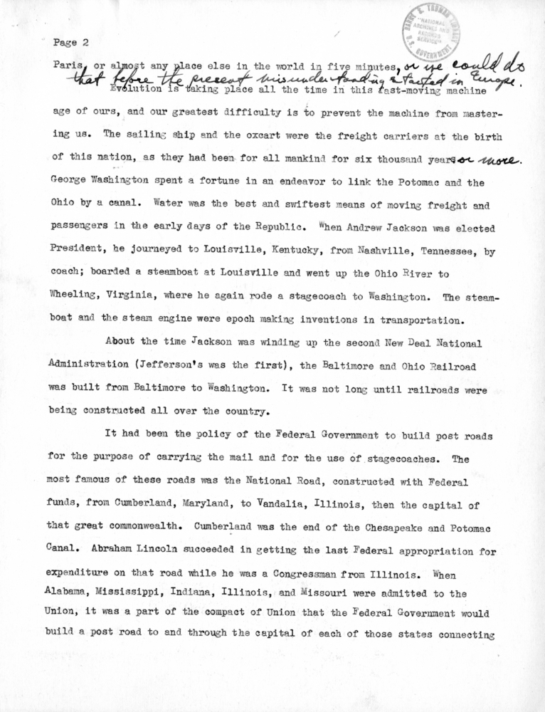 Draft Speech of Senator Harry S. Truman at Chicago, Illinois to the American Trucking Association