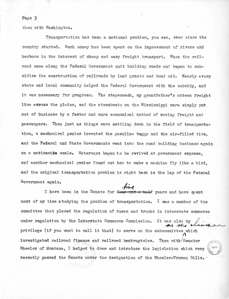 Draft Speech of Senator Harry S. Truman at Chicago, Illinois to the American Trucking Association