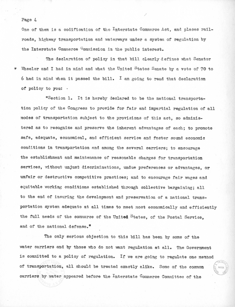 Draft Speech of Senator Harry S. Truman at Chicago, Illinois to the American Trucking Association