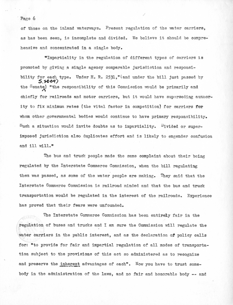 Draft Speech of Senator Harry S. Truman at Chicago, Illinois to the American Trucking Association