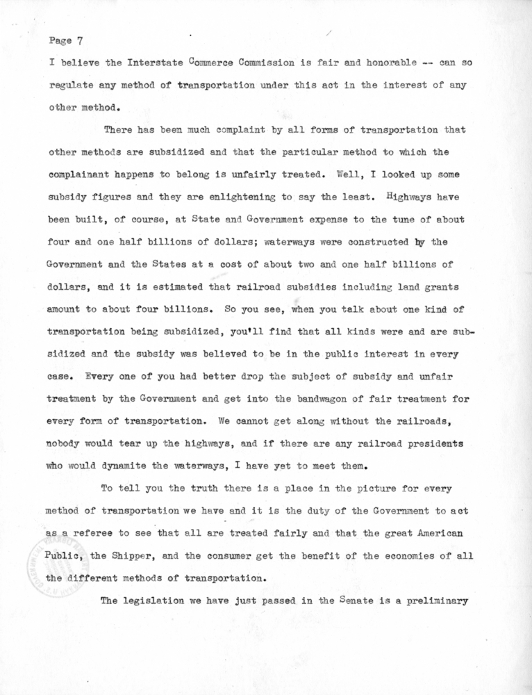 Draft Speech of Senator Harry S. Truman at Chicago, Illinois to the American Trucking Association