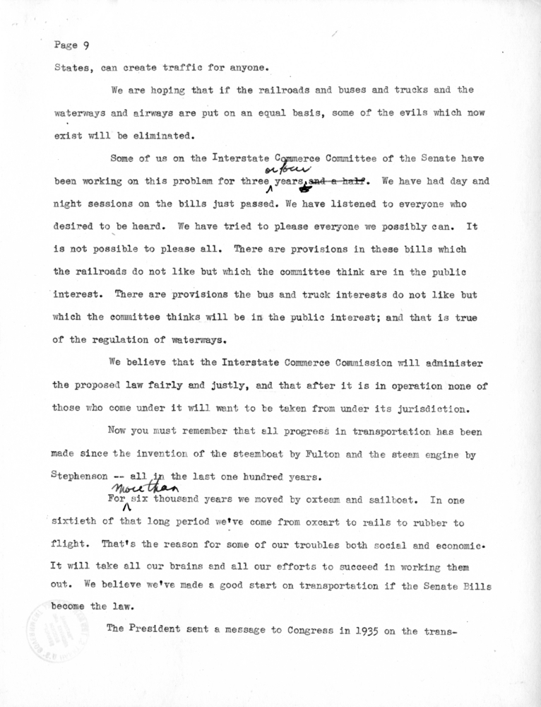 Draft Speech of Senator Harry S. Truman at Chicago, Illinois to the American Trucking Association