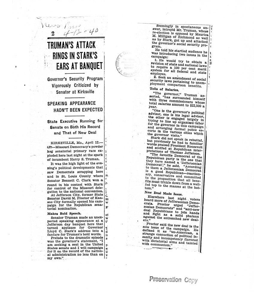 Newspaper Article, "Truman's Attack Rings in Stark's Ears at Banquet"