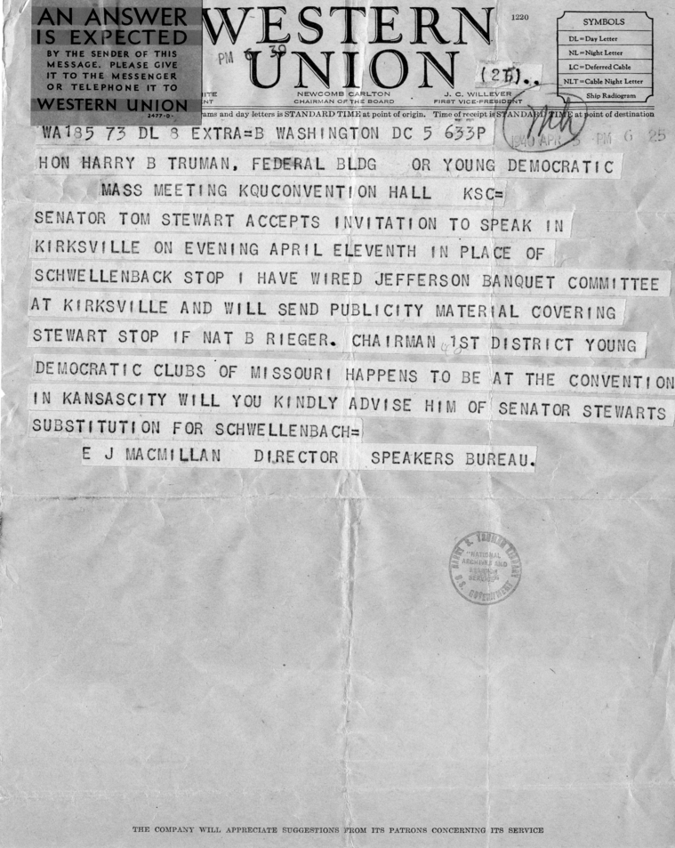 Telegram from E. J. MacMillan to Senator Harry S. Truman