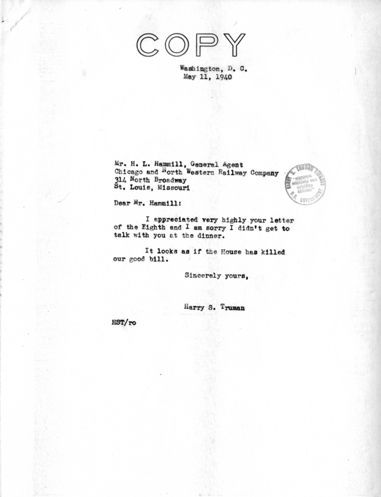 Correspondence Between Senator Harry S. Truman and H. L. Hammill