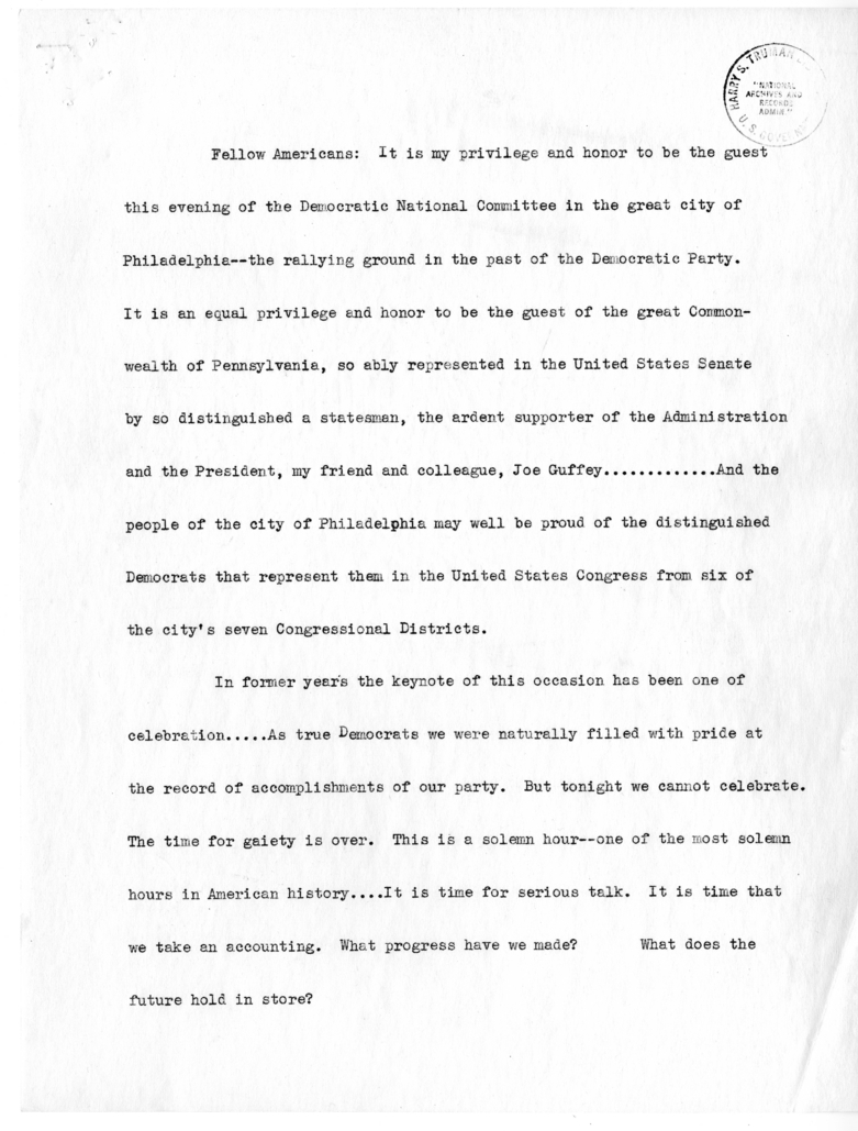 Speech of Senator Harry S. Truman at Philadelphia, Pennsylvania