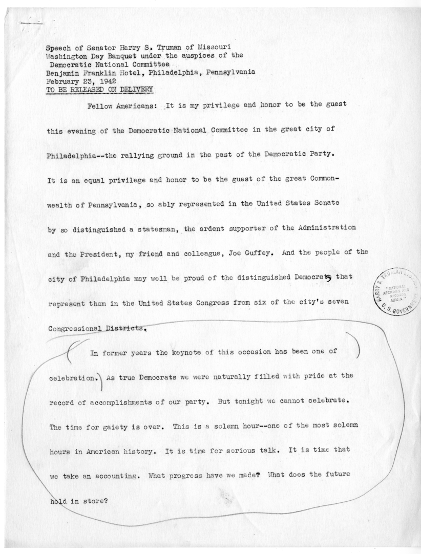 Draft Speech of Senator Harry S. Truman delivered at Philadelphia, Pennsylvania