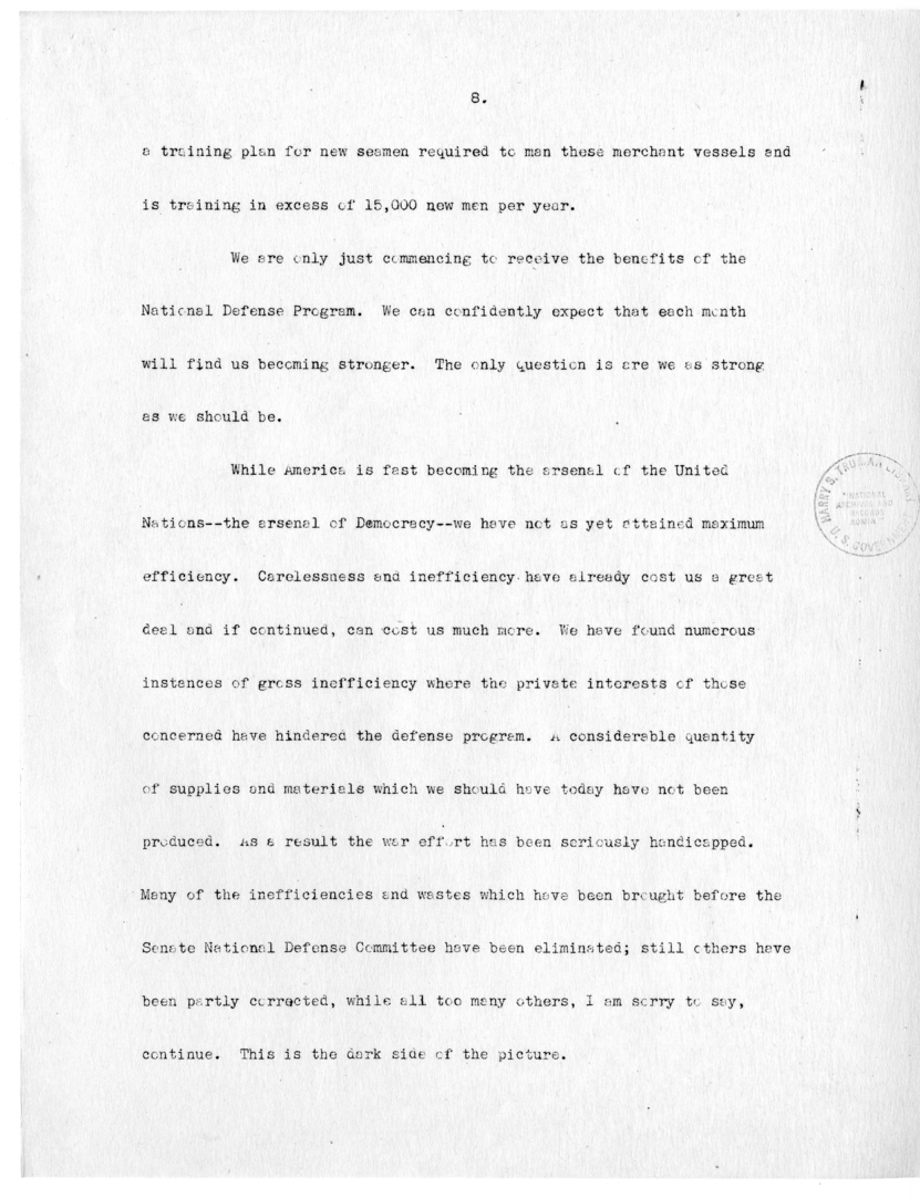 Draft Speech of Senator Harry S. Truman delivered at Philadelphia, Pennsylvania