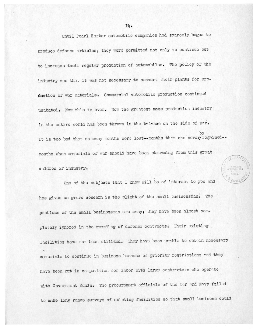 Draft Speech of Senator Harry S. Truman delivered at Philadelphia, Pennsylvania