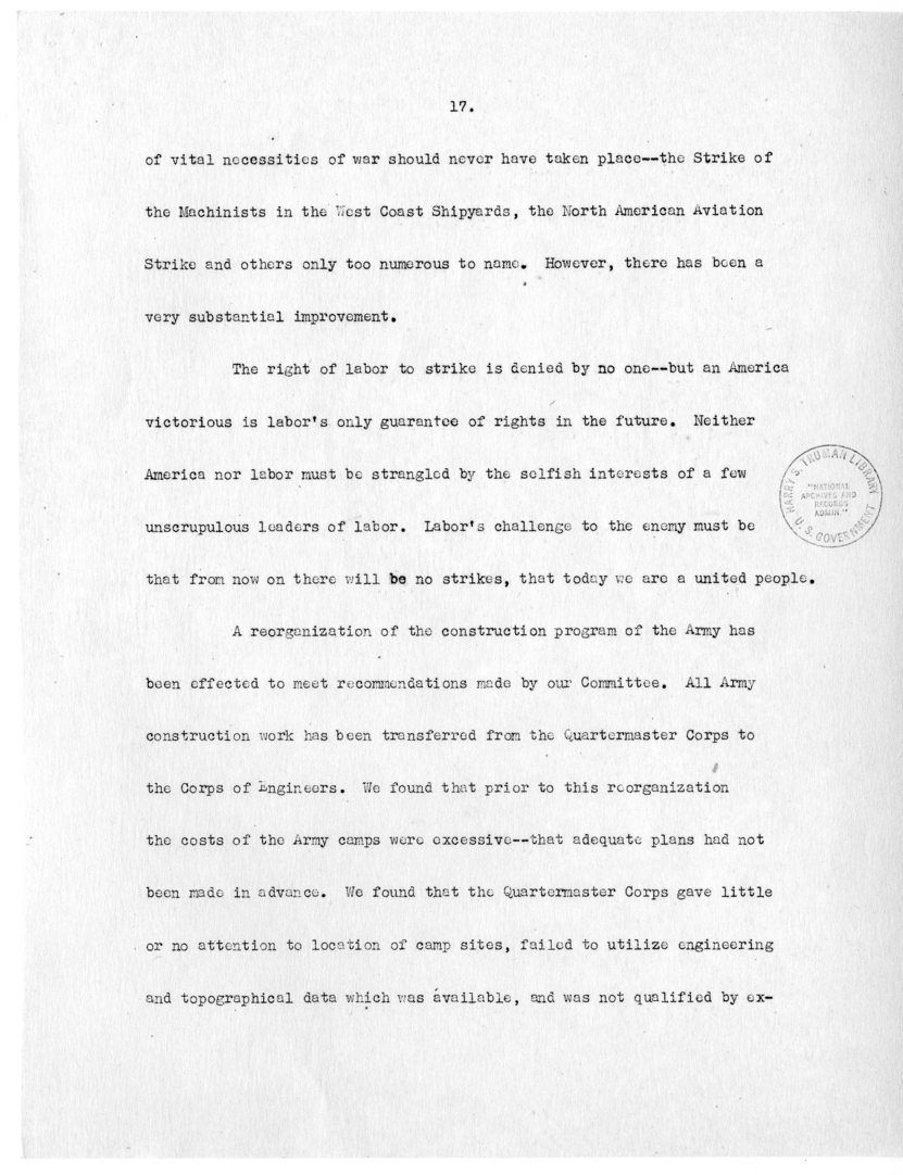 Draft Speech of Senator Harry S. Truman delivered at Philadelphia, Pennsylvania