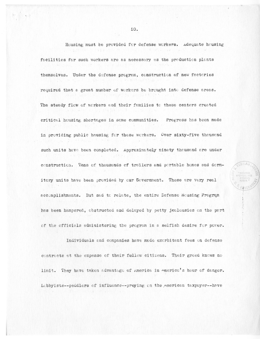 Draft Speech of Senator Harry S. Truman delivered at Philadelphia, Pennsylvania