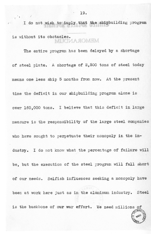 Speech of Senator Harry S. Truman to the Railraod Telegraphers Convention at Kansas City, Missouri