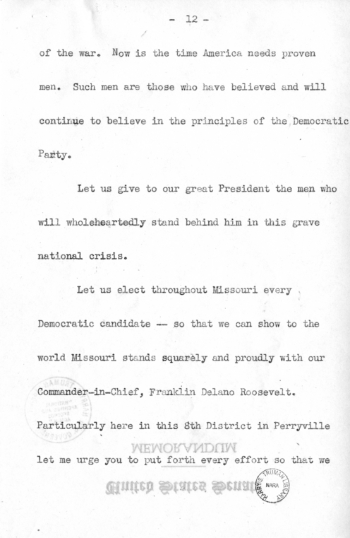 Speech of Senator Harry S. Truman at Perryville, Missouri