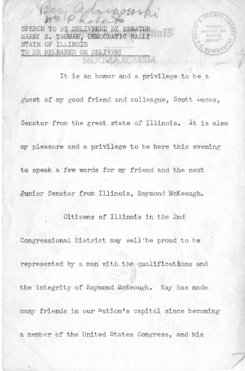 Speech of Senator Harry S. Truman in the 2nd Congressional District of Illinois