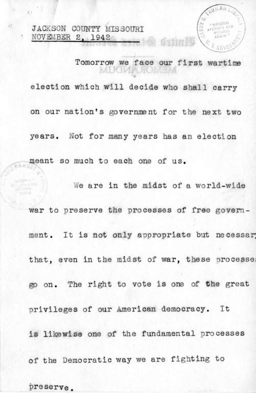 Speech of Senator Harry S. Truman at Jackson County, Missouri